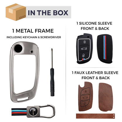 Keycept Metal Alloy Car Key Cover for Universal B11 DS aftermarket remote Key Cover with Keychain (Dual Black & Tan)