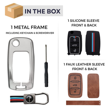 Keycept Metal Alloy Car Key Cover for Skoda/ Volkswagen Polo, Vento, Jetta, Ameo, Passat, Rapid Laura Superb Octavia, Fabia, Yeti 3 button Flip key  Cover with Keychain (Dual Black & Tan)