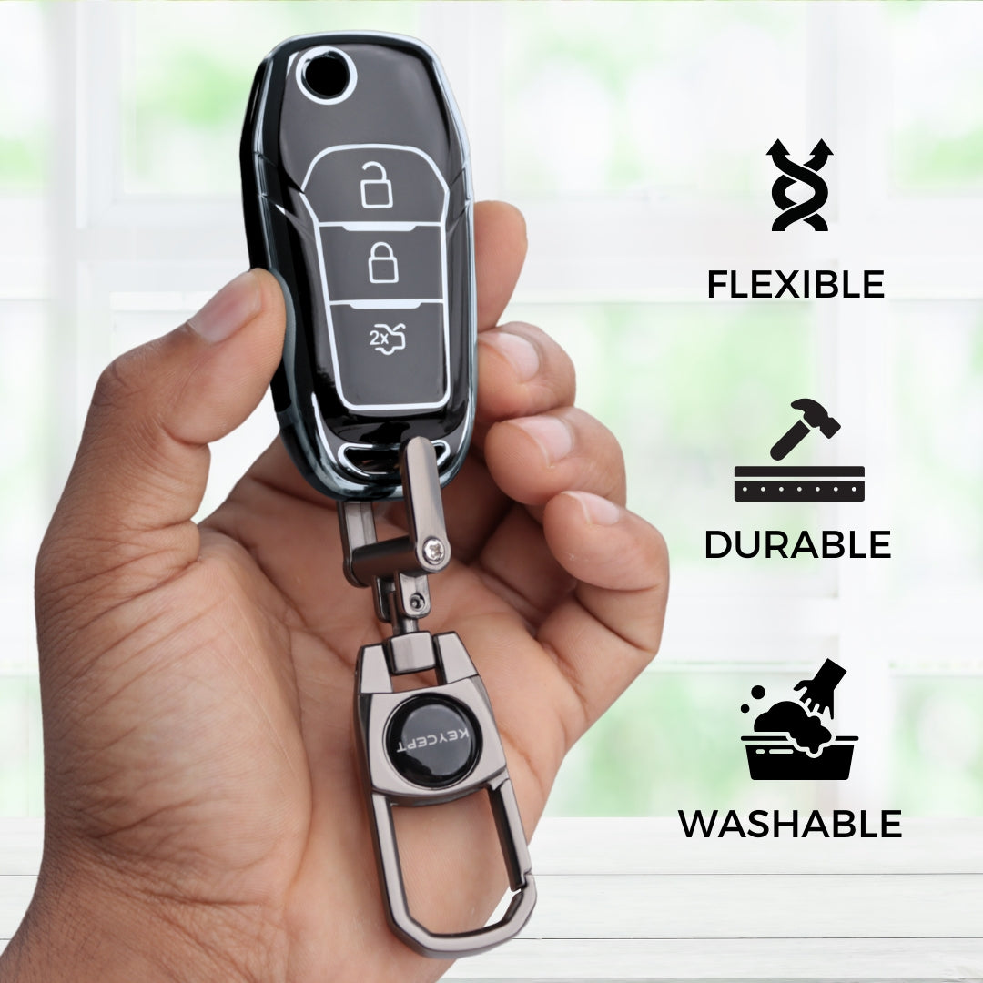 Silver Line TPU Key Cover for Ford Figo, Aspire, Endeavour Flip key with keychain.