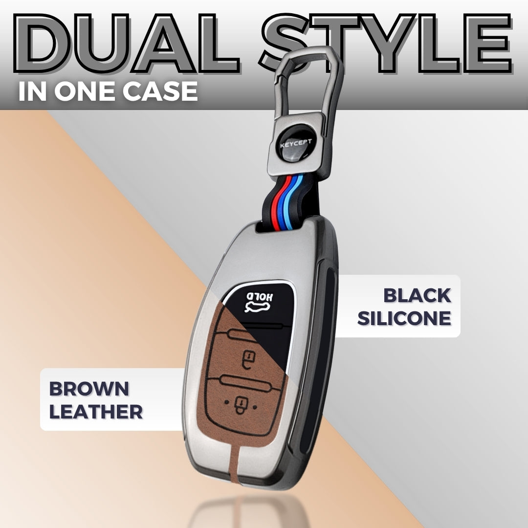 Keycept Metal Alloy Car Key Cover for Hyundai Grand i10 NIOS Asta, Venue, i20, Aura, Creta, Elantra - 3 Button Smart Key Cover with Keychain (Black And Tan)