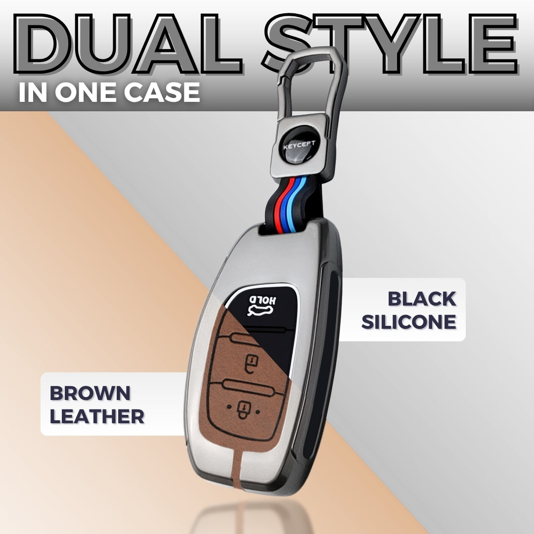 Keycept Metal Alloy Car Key Cover for Hyundai Grand i10 NIOS Asta, Venue, i20, Aura, Creta, Elantra - 3 Button Smart Key Cover with Keychain (Dual Black & Tan)