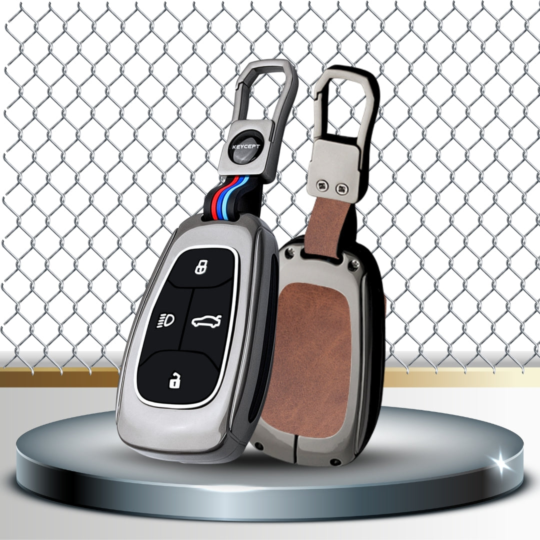 Keycept Metal Alloy Car Key Cover for Tata Nexon, Harrier, Safari, Altroz, Tigor, EV Electric, EV Max, Punch, Tiago Key Cover with Keychain (Dual Black & Tan)