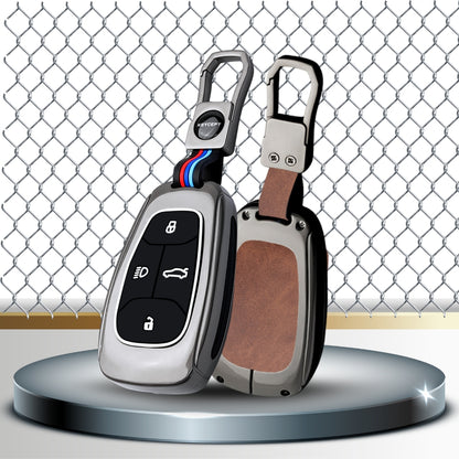 Keycept Metal Alloy Car Key Cover for Tata Nexon, Harrier, Safari, Altroz, Tigor, EV Electric, EV Max, Punch, Tiago Key Cover with Keychain (Dual Black & Tan)