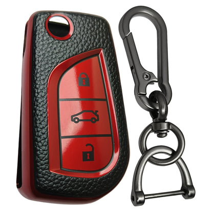 Leather Key Cover Compatible for Toyota Corolla |  Altis | Innova | Crysta 3 Button Flip Key with Keychain 1