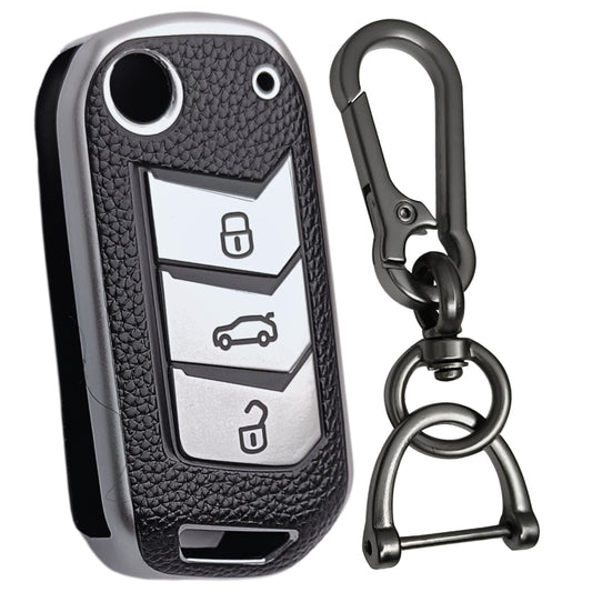 Leather Key Cover Compatible for Mahindra Thar | Scorpio | TUV | Bolero | XUV 700 | Marazzo 3 Button Flip Key Cover with Keychain 1