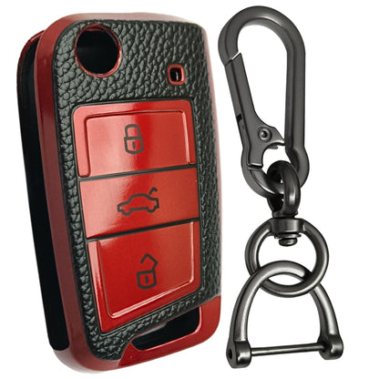 Leather Key Cover Compatible for Skoda/ Volkswagen Kushaq | Octavia | Kodiaq | Superb | Slavia | Passat 3B Flip key with Keychain 1