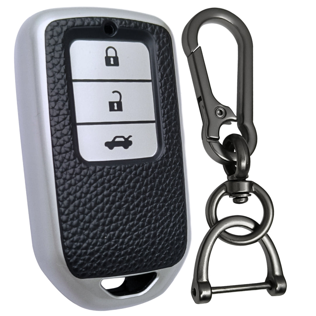Leather Key Cover Compatible with Honda | Accord | Amaze Jazz | CR-V | WR-V 3| Elevate Button Smart Key with Keychain 1