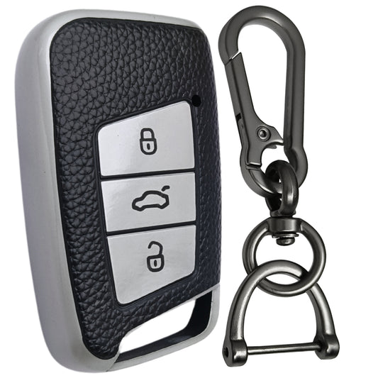 Leather Keycover Compatible with Skoda |Volkswagen Kushaq | Kodiaq 3 Button Smart Key with Keychain 1