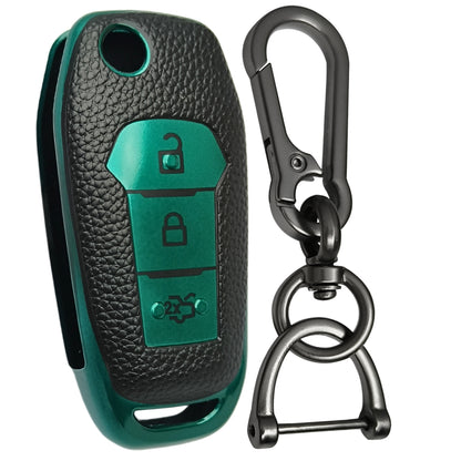 Leather Key Cover Compatible for Ford Figo | Aspire | Endeavour 3 Button Flip Key with Keychain 1