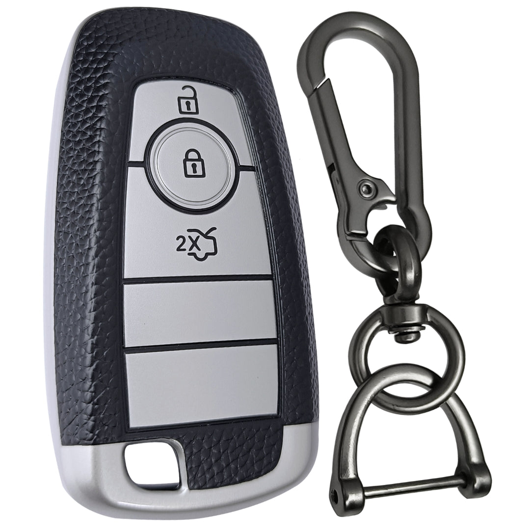Leather Cover Compatible for Ford Figo | Aspire | Eco Sport | Endeavour 3 Button Smart Key with Keychain 1
