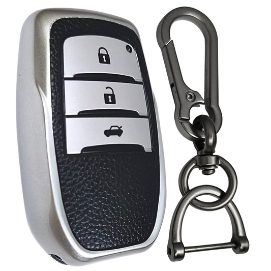 Leather Key Cover Comapatible for Toyota Innova | Crysta | Fortuner 3 Button Smart Key with Keychain 1