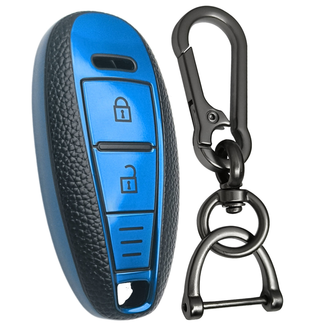 Leather Key Cover Compatible with Suzuki | Baleno |  Ciaz | Grand Vitara| Brezza | S Cross | Swift | Dzire | Ignis | XL6 | Fronx | Jimny and Urban Cruiser 2 Button Smart Key with Keychain 1