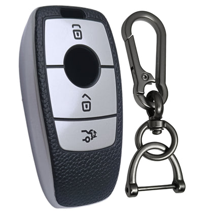 Leather Key Cover Compatible for Mercedes Benz E Series 3 Button Smart Key with Keychain 1