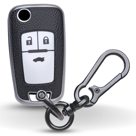 Keycept TPU Leather Car Key Cover for Chevrolet Cruze | Beat | Avio | Spark 3 Button Flip Key Only with keychain (Type K1)