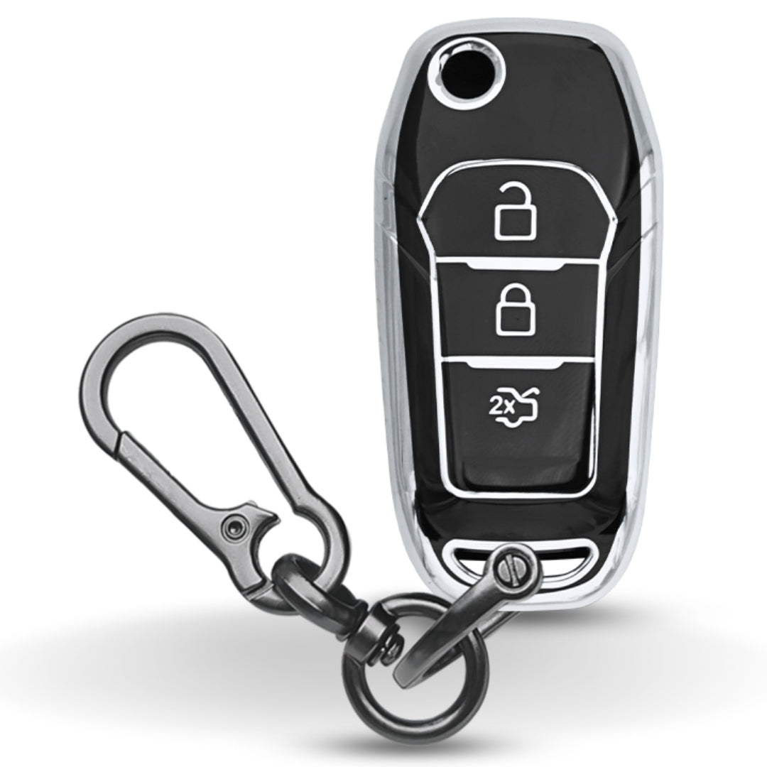 Silver Line TPU Key Cover for Ford Figo, Aspire, Endeavour Flip key with keychain.