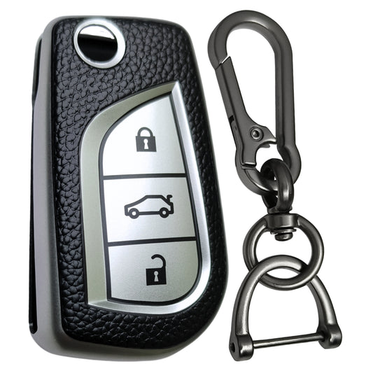Leather Key Cover Compatible for Toyota Corolla |  Altis | Innova | Crysta 3 Button Flip Key with Keychain 1