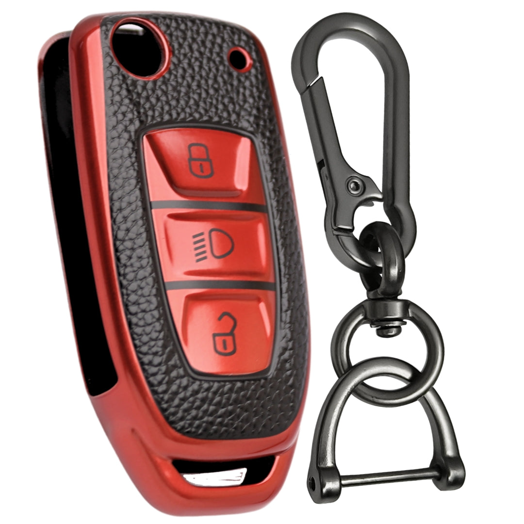 Leather Key Cover Compatible for Tata Tigor | Bolt | Nexon | Hexa | Zest | Tiago | Punch | Safari | Altroz | Storme 3 button Flip Key with Keychain 1