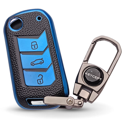 TPU Leather Key Cover for Mahindra Scorpio | XUV 300 | Marazzo | XUV 700 | XUV 400 EV | Bolero | Thar | TUV  3 Button Flip Key Cover with Keychain 2