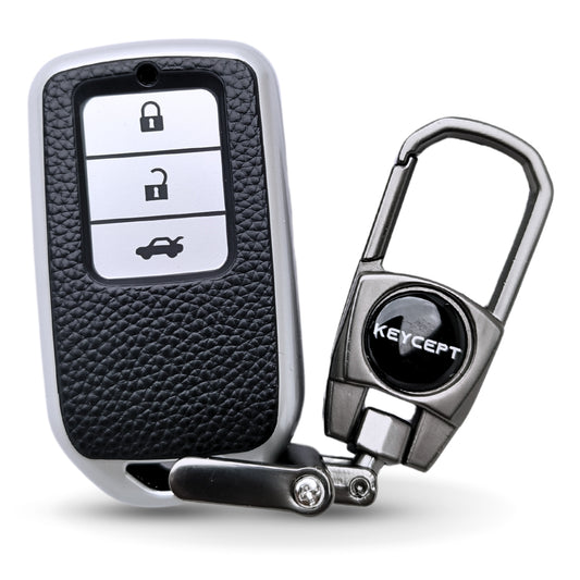 TPU Leather Key Cover Compatible with Honda | Accord | Amaze Jazz | CR-V | WR-V| Elevate 3 button Smart key with Keychain 2
