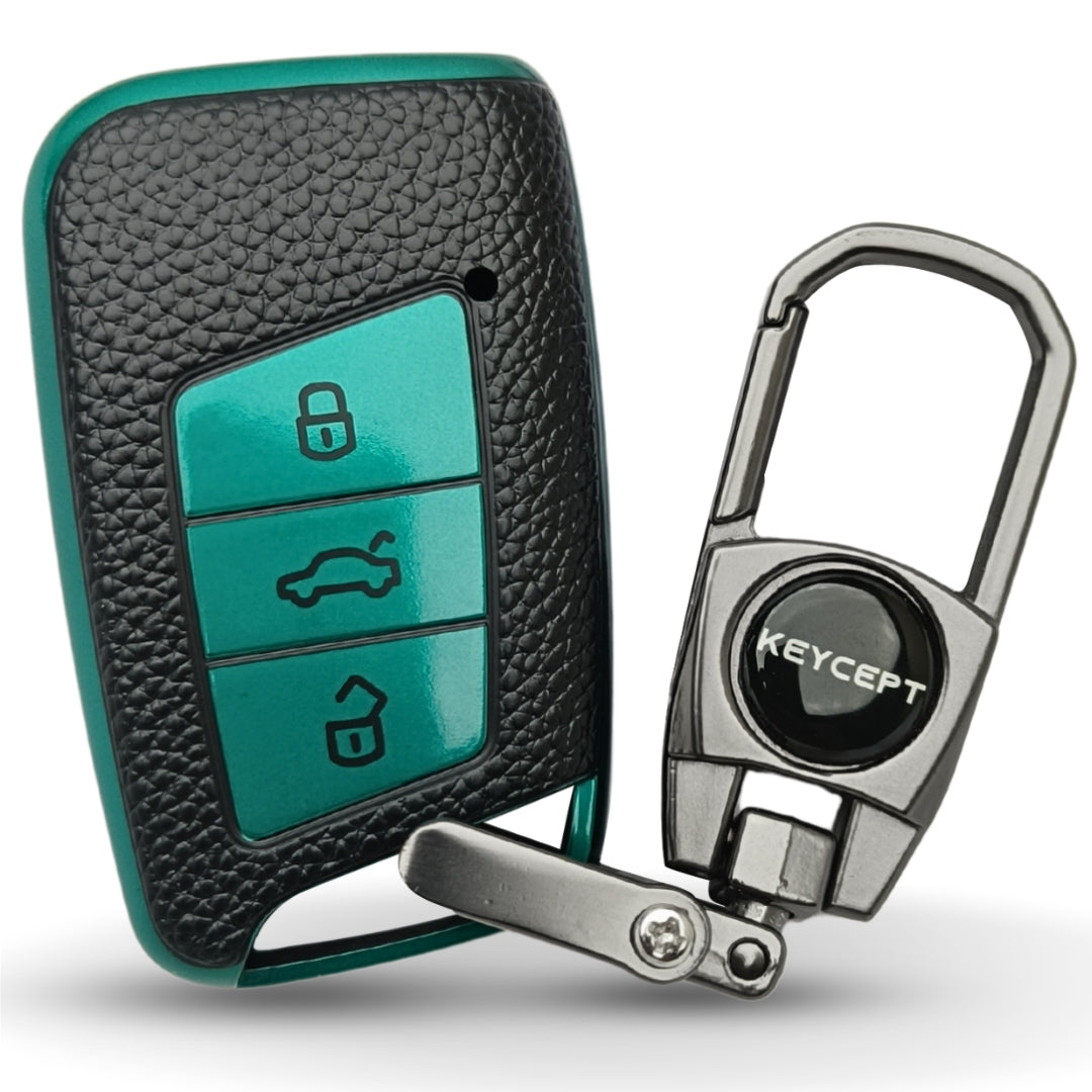Skoda/Volkswagen TPU Leather Key Cover with Keychain. (Type 2)
