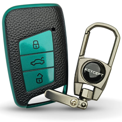 TPU Leather Keycover Compatible with Skoda and Vokswagen Kushaq | Kodiaq 3 Button Smart key with Keychain 2