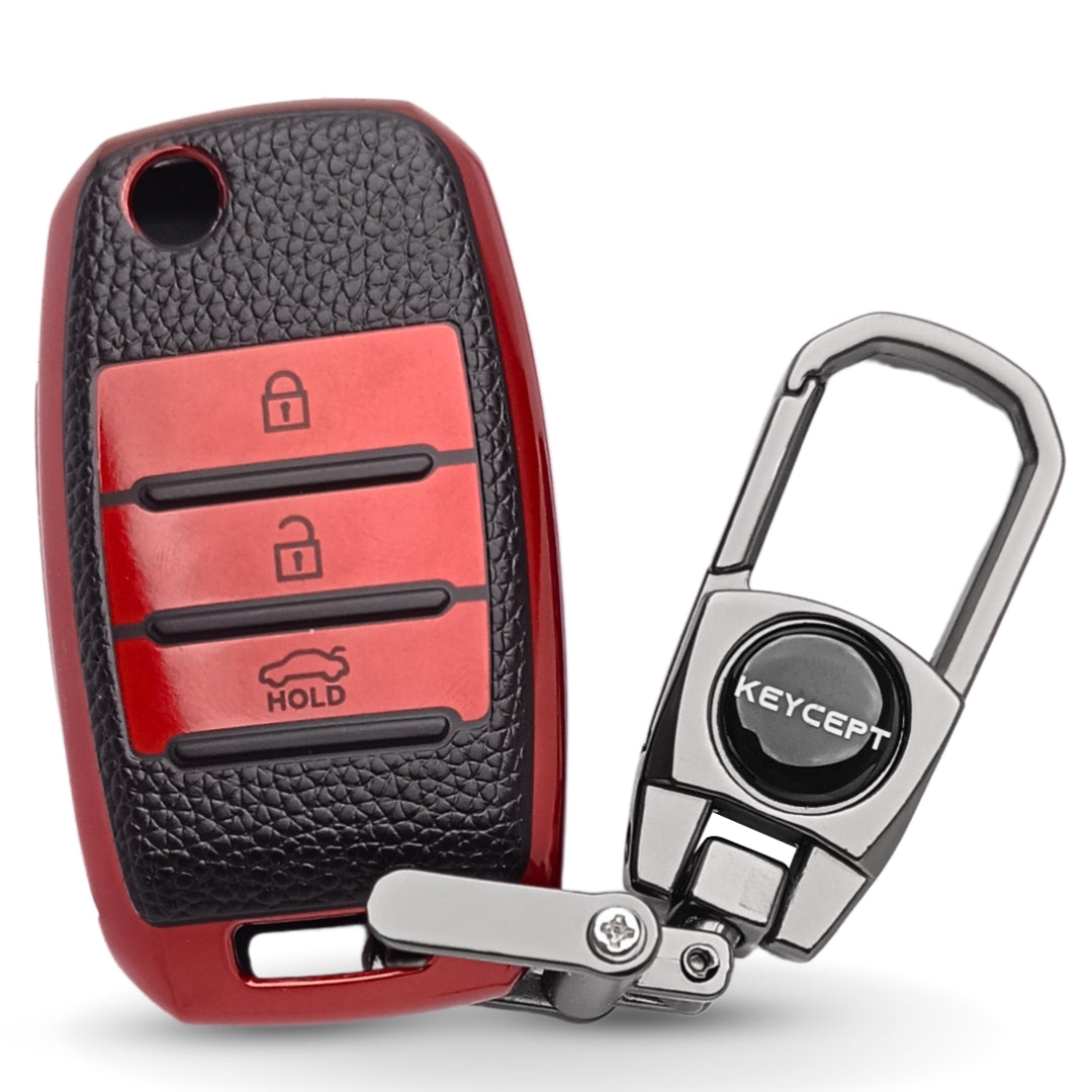 Kia TPU Leather Key Cover with Keychain. (Type 2)
