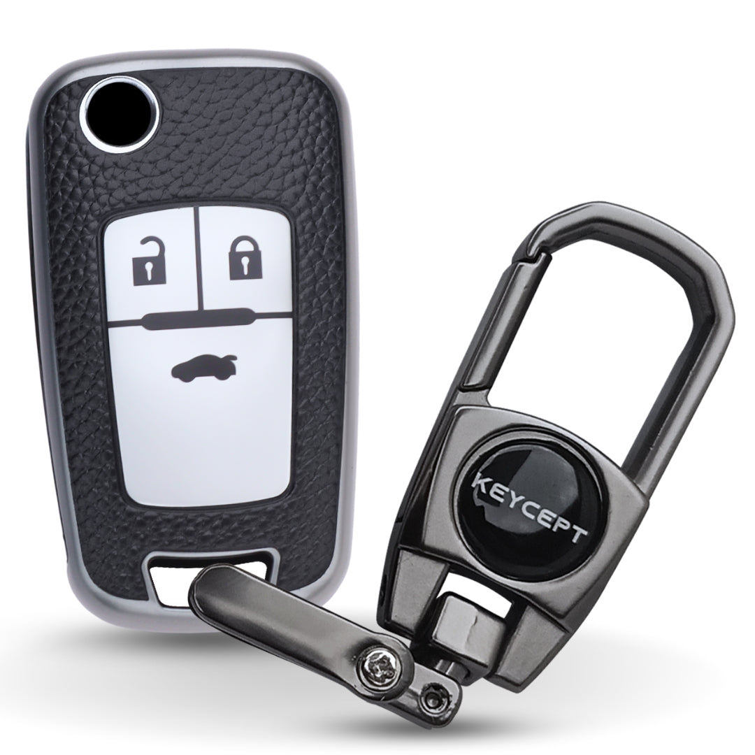 Keycept TPU Leather Car Key Cover for Chevrolet Cruze | Beat | Avio | Spark 3 Button Flip Key Only with keychain (Type K2)