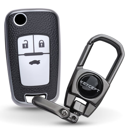 Keycept TPU Leather Car Key Cover for Chevrolet Cruze | Beat | Avio | Spark 3 Button Flip Key Only with keychain (Type K2)