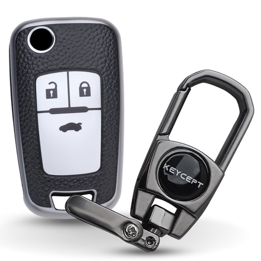 Keycept TPU Leather Car Key Cover for Chevrolet Cruze | Beat | Avio | Spark 3 Button Flip Key Only with keychain (Type K2)