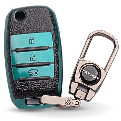 TPU Leather Key Cover for Kia Seltos | Sonet | Carens 3 button Flip Key with Keychain 2