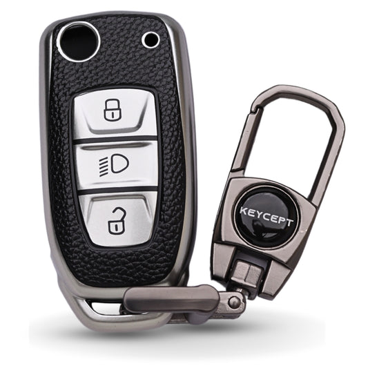 TPU Leather Key Cover Compatible for  Tata Zest | Altroz | Tiago | Punch | Harrier | Safari | Tigor | Hexa | Nexon | Bolt | Storme 3 button Flip Key with Keychain 2