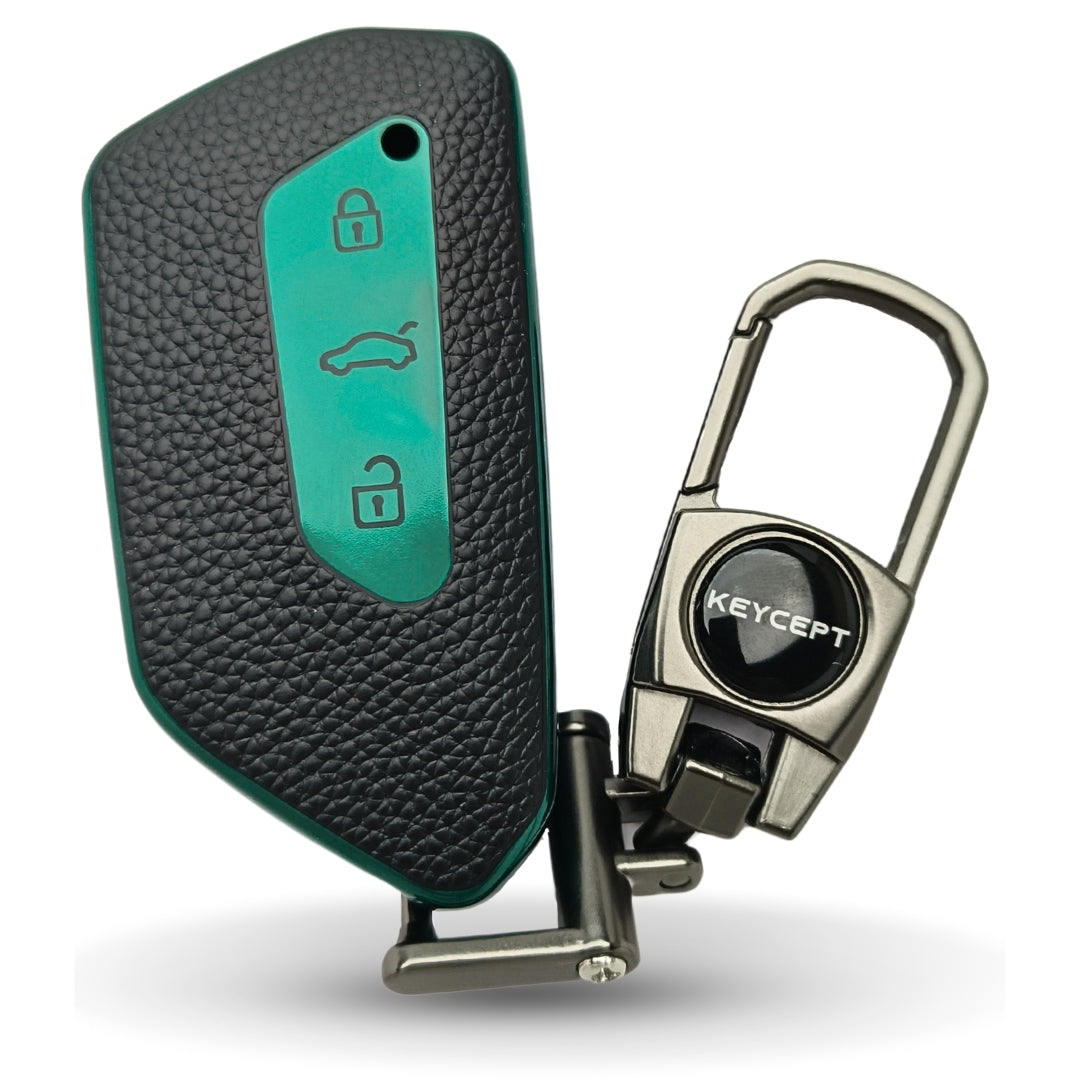 TPU Leather Cover for  Skoda and VW - Kushaq | Octavia | Kodiaq | Superb | Slavia | Passat | Taigun | Tiguan | Virtus | T Roc 3 button Smart Key with Keychain 2