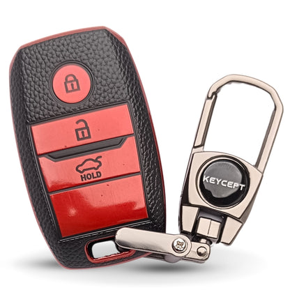 TPU Leather Key Cover Compatible with Kia Seltos | Sonet | Carens Smart Key 3 button with Keychain 2