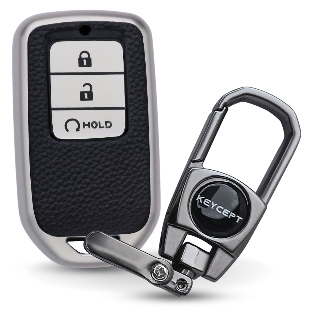 Keycept TPU Leather Car Key Cover for Honda City, Elevate, Civic, Jazz, Brio, Amaze, CR-V, WR-V, BR-V, Mobilio, Accord 3 Button Smart Key with keychain (Type K2)