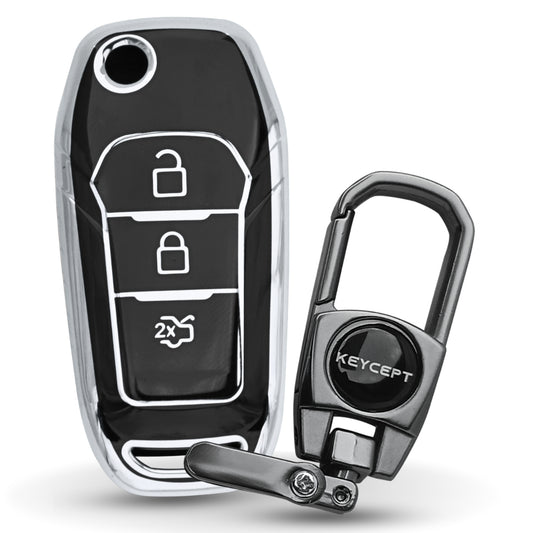 Silver Line TPU Key Cover for Ford Figo, Aspire, Endeavour Flip key with keychain.