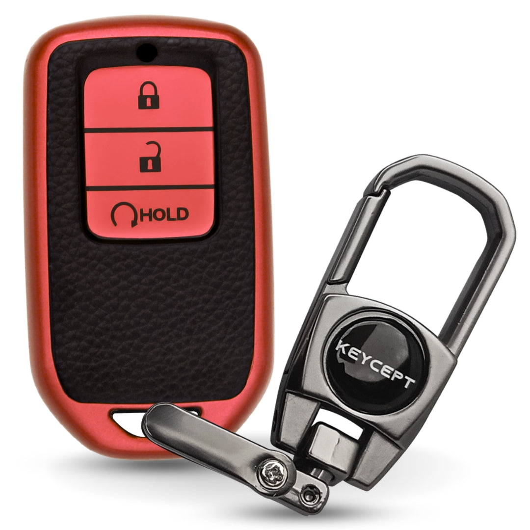 Keycept TPU Leather Car Key Cover for Honda City, Elevate, Civic, Jazz, Brio, Amaze, CR-V, WR-V, BR-V, Mobilio, Accord 3 Button Smart Key with keychain (Type K2)
