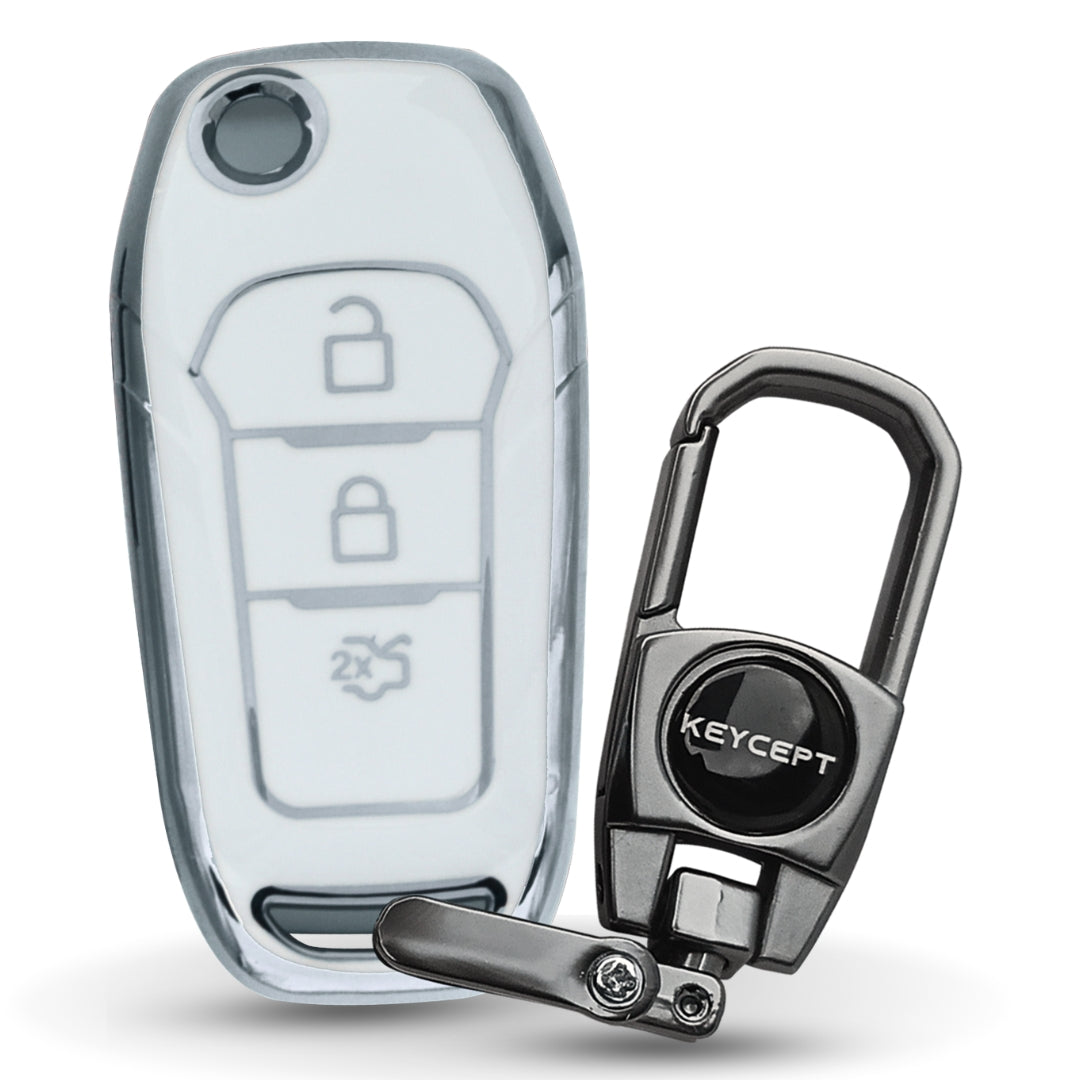 Silver Line TPU Key Cover for Ford Figo, Aspire, Endeavour Flip key with keychain.