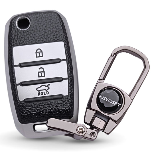 TPU Leather Key Cover for Kia Seltos | Sonet | Carens 3 button Flip Key with Keychain 2