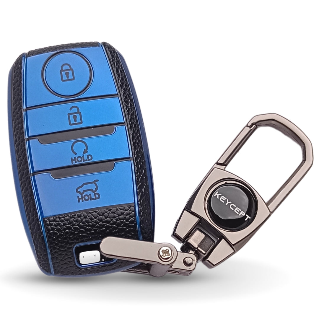 TPU Leather Key Cover Compatible For Kia Seltos | Sonet | Carens 4 Button Smart key with Keychain 2