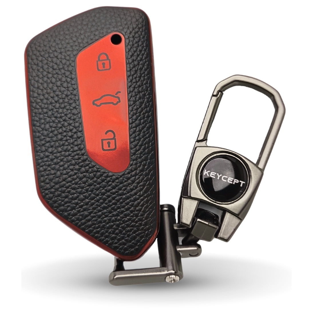 TPU Leather Cover for  Skoda and VW - Kushaq | Octavia | Kodiaq | Superb | Slavia | Passat | Taigun | Tiguan | Virtus | T Roc 3 button Smart Key with Keychain 2