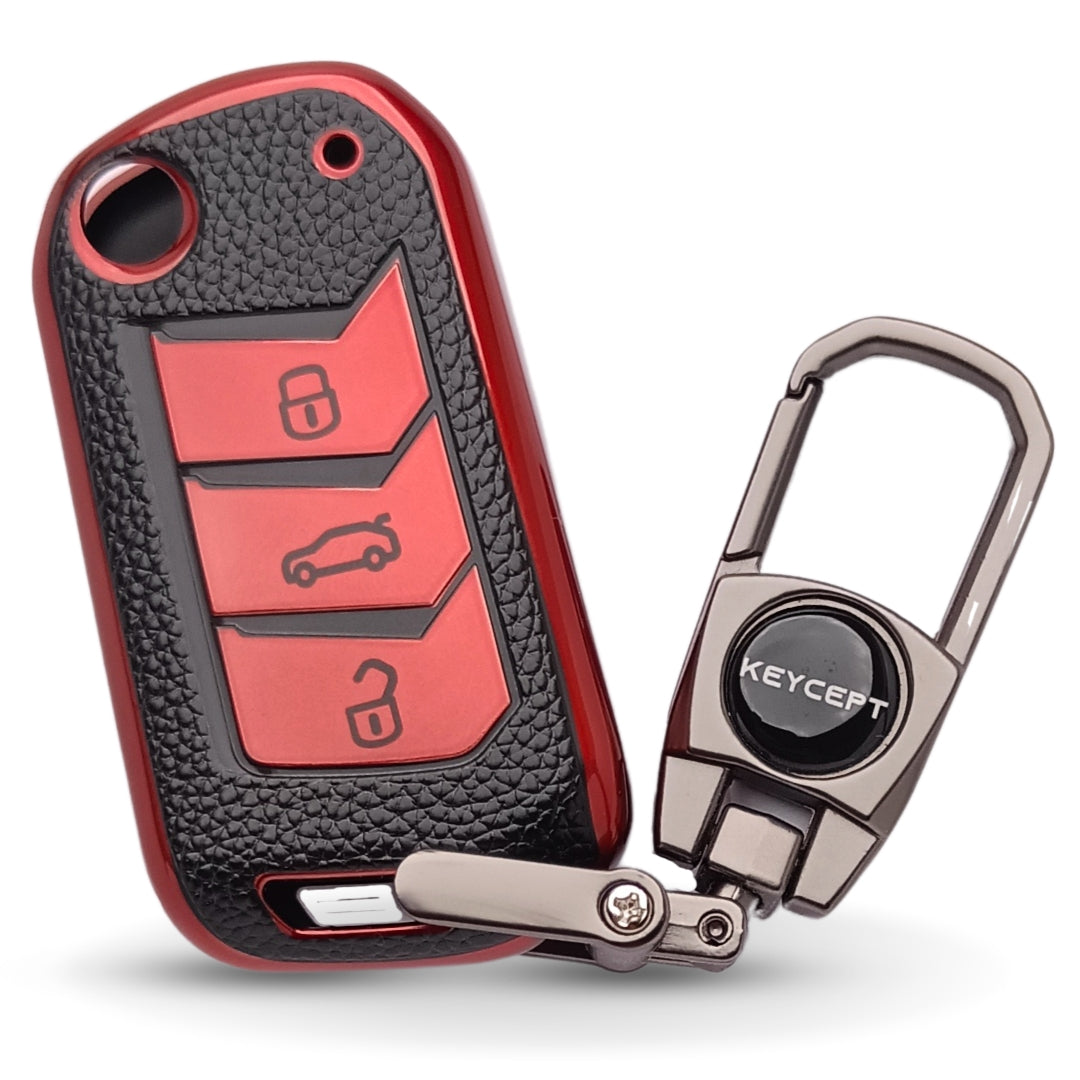 TPU Leather Car Key Cover For Mahindra 3XO, Thar, Scorpio, TUV, Bolero, XUV 700, Thar Roxx, Marazzo 3 Button Flip Key Cover