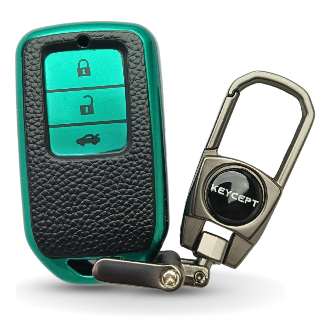 TPU Leather Key Cover Compatible with Honda | Accord | Amaze Jazz | CR-V | WR-V| Elevate 3 button Smart key with Keychain 2