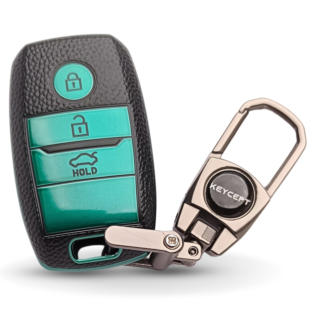 TPU Leather Key Cover Compatible with Kia Seltos | Sonet | Carens Smart Key 3 button with Keychain 2