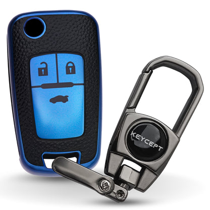 Keycept TPU Leather Car Key Cover for Chevrolet Cruze | Beat | Avio | Spark 3 Button Flip Key Only with keychain (Type K2)