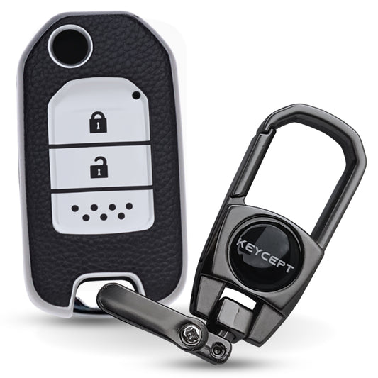 Keycept TPU Leather Car Key Cover for Honda City, WR-V 2 Button Flip Key with keychain (Type K2)