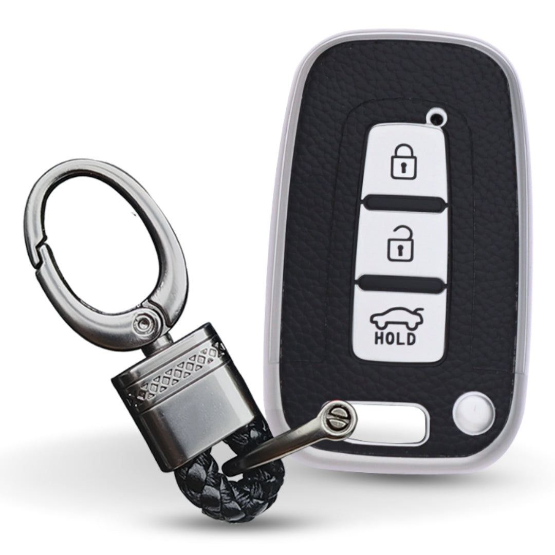 TPU Leather Key Cover For Hyundai Elantra, Old Verna, Old i20 Push Button Smart Key with Keychain.