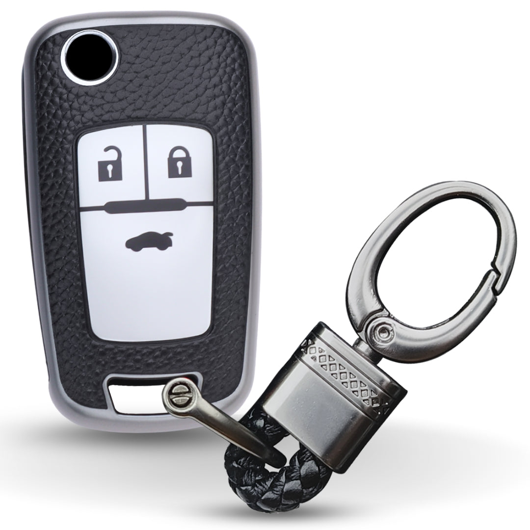 Keycept TPU Leather Car Key Cover for Chevrolet Cruze | Beat | Avio | Spark 3 Button Flip Key Only with keychain (Type K4)