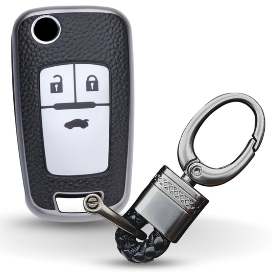 Keycept TPU Leather Car Key Cover for Chevrolet Cruze | Beat | Avio | Spark 3 Button Flip Key Only with keychain (Type K4)