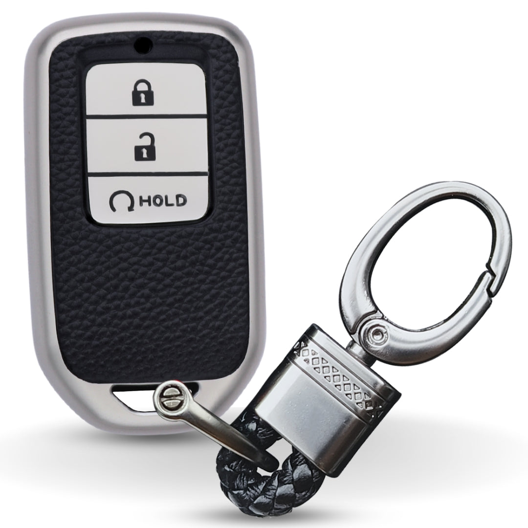 Keycept TPU Leather Car Key Cover for Honda City, Elevate, Civic, Jazz, Brio, Amaze, CR-V, WR-V, BR-V, Mobilio, Accord 3 Button Smart Key with keychain (Type K4)