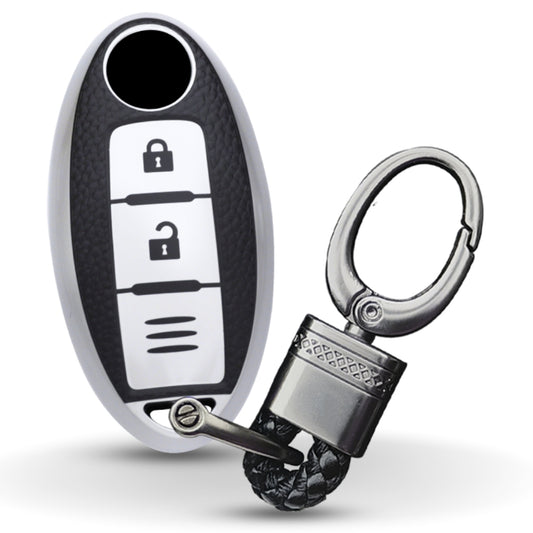 TPU Leather Key Cover Nissan Micra, Sunny, Teana, Magnite 2 button Smart Key with Keychain.
